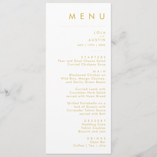 Menu de Janto de Casamento de Fontes Dourado Minim (Frente)