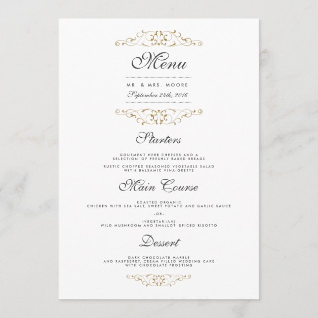 Menu de Janto de Casamento Floreio Dourado Anterio (Frente)
