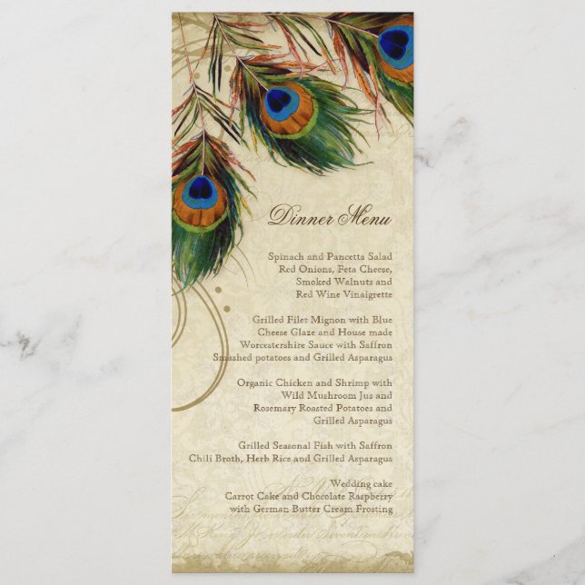 Menu de Janto de Correspondência Elegante de Pavão (Frente)