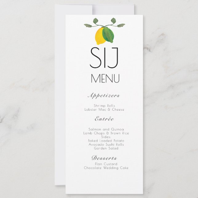 Menu de Janto de Limão com Aquarela de Casamento (Frente)