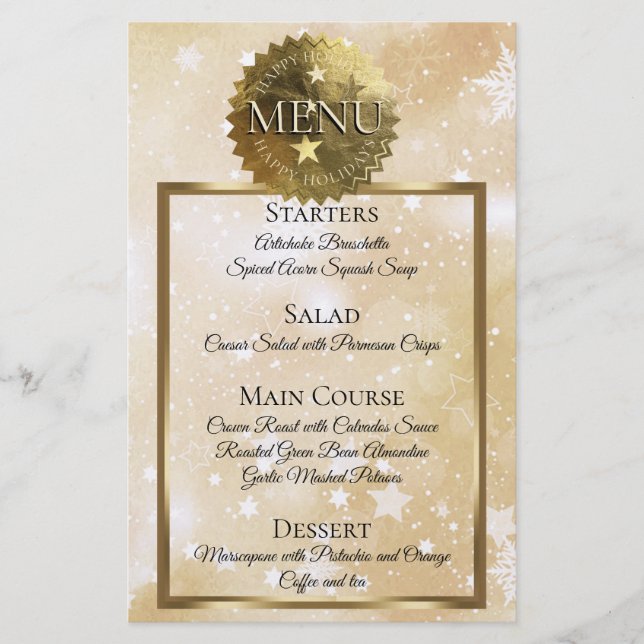 Menu de janto de Natal com ouro puro e estrelado (Frente)