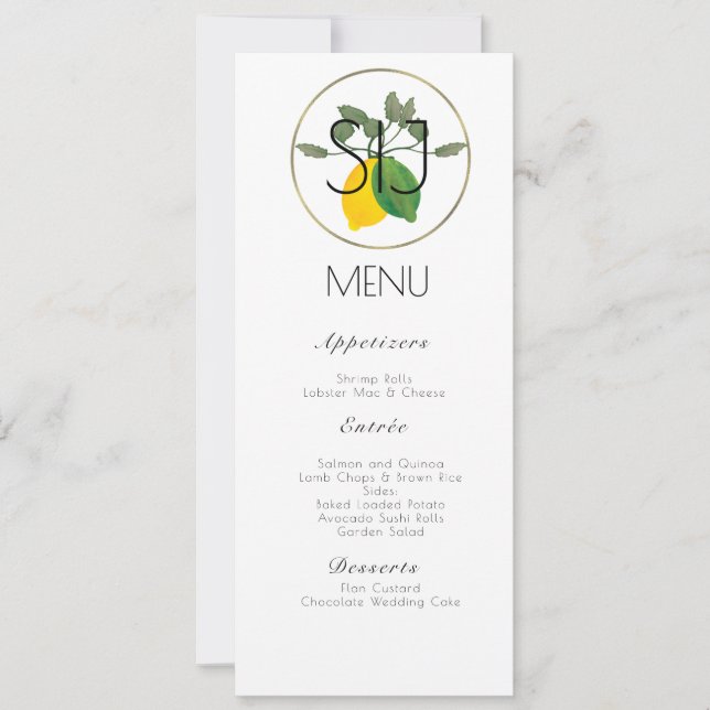 Menu de Janto Dourado Lemon de Aquarela de Casamen (Frente)