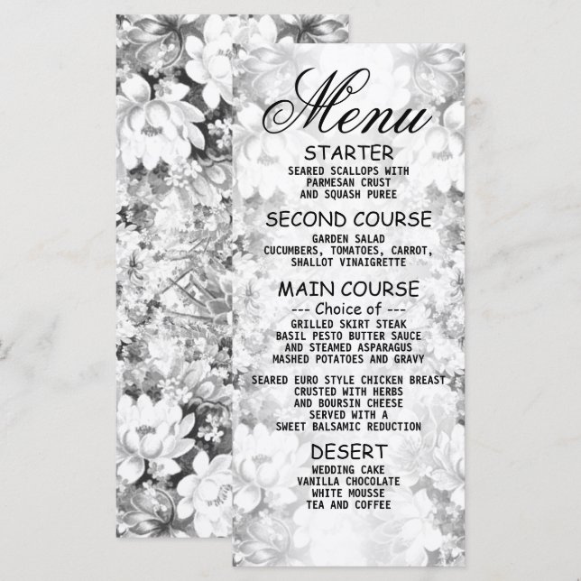 Menu de Janto Elegante Floral da festa de casament (Frente/Verso)