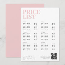 Menu de Lista de Preços de Beleza Rosa Moderno Peq