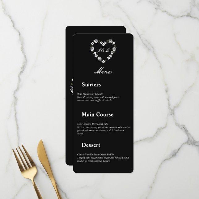Menu de mariage en noir et blanc avec cœur floral (Frente/Verso In Situ)