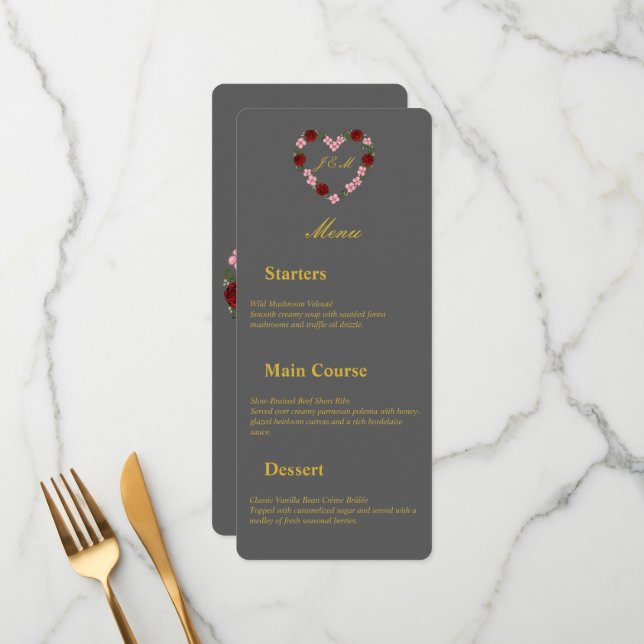 Menu de mariage gris à coeur florral (Frente/Verso In Situ)