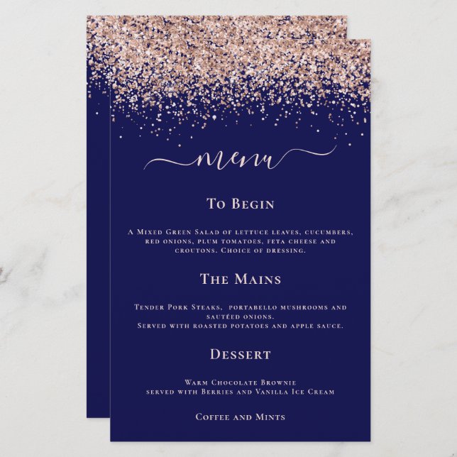 Menu de Marinho de Casamento Glitter Dourado Rosa  (Frente/Verso)