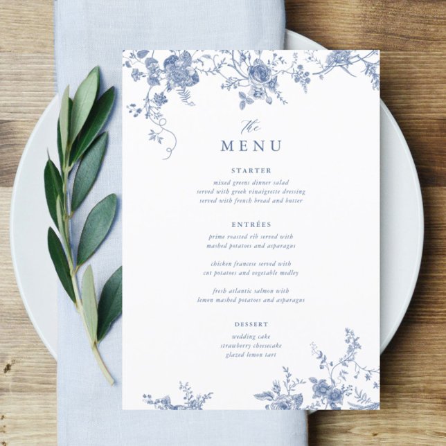Menu de Mesa de Casamento Floral Azul Vitoriano 5x (Criador carregado)
