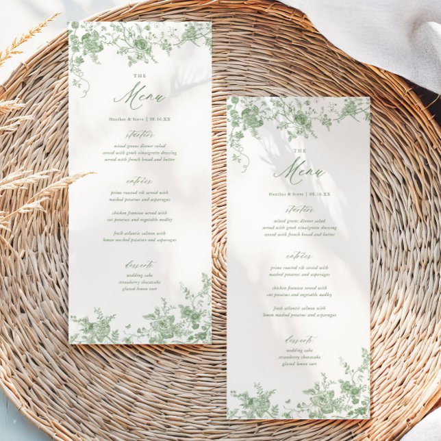 Menu de Mesa de Casamento Floral Verde Toile Cláss (Criador carregado)