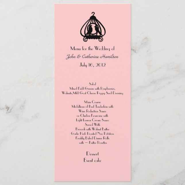 Menu de Mesa de Casamento Negro e Rosa Chic (Frente)