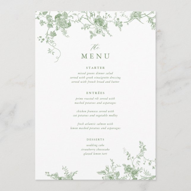 Menu de Mesa Floral Verde Vitoriano de Casamento 5 (Frente)