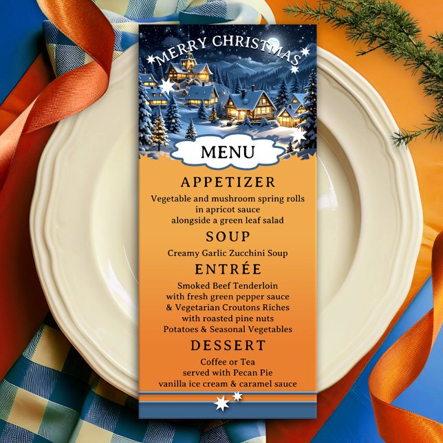 Menu de Natal Colorir Wonderland de inverno (Christmas menu card featuring a festive design with a winter wonderland scene on bright orange red)