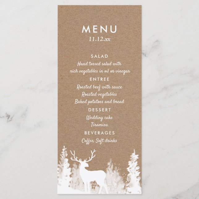 Menu de Natal de Casamento de Cervo de Papel Kraft (Frente)