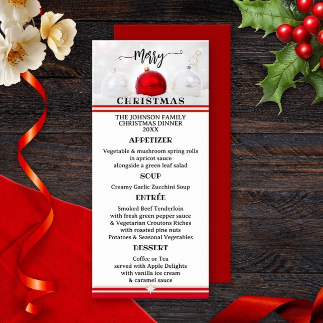Menu de Natal Festivo Vermelho Branco (Classic Christmas menu card featuring an elegant design with Christmas baubles on snow white)