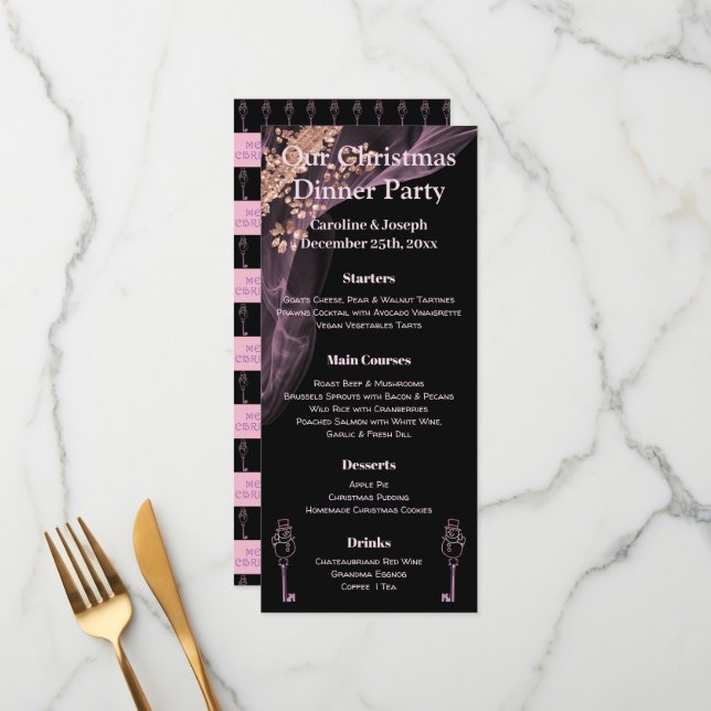 Menu de Natal preto e Rosa Dourado com Snowman (Frente/Verso In Situ)