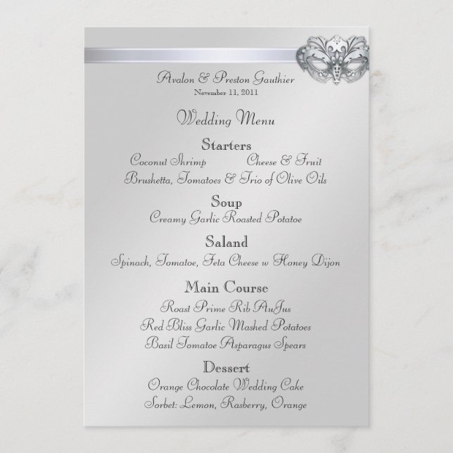Menu de prata do casamento da jóia do rosa do (Frente)