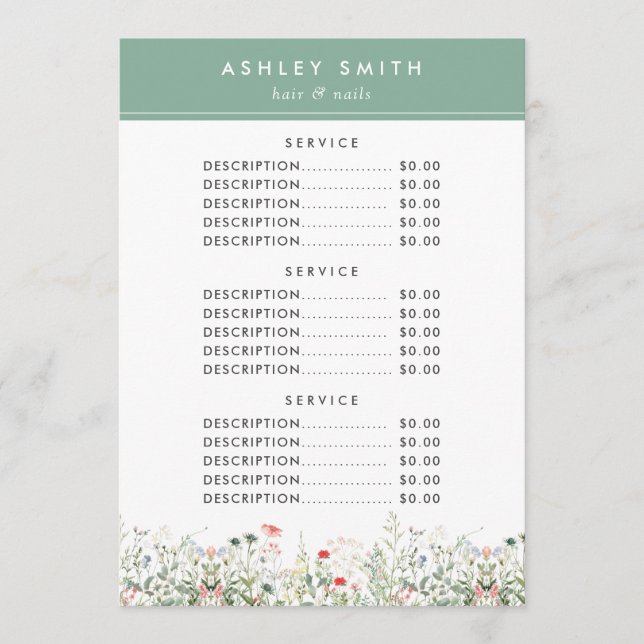 Menu de Preço Sombra de Flores Selvagens (Frente)