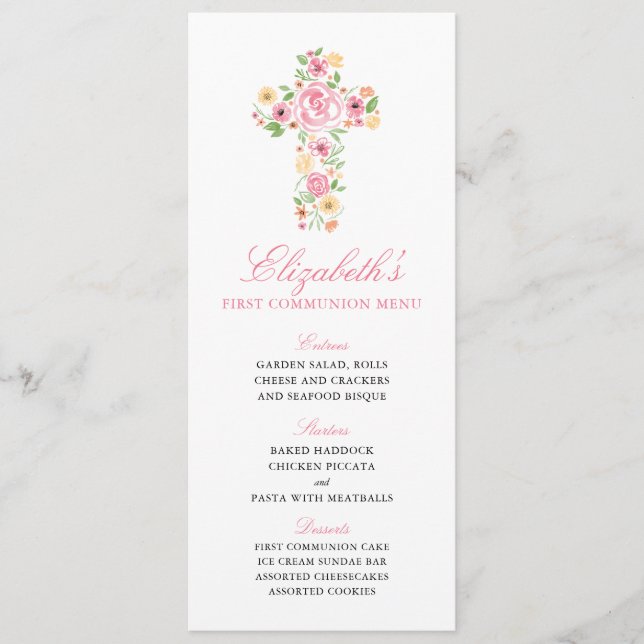 Menu de Primeira Comunhão com Aquarela Rosa Flor (Frente)