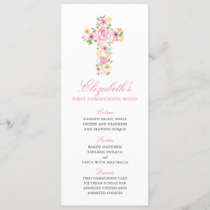 Menu de Primeira Comunhão com Aquarela Rosa Flor