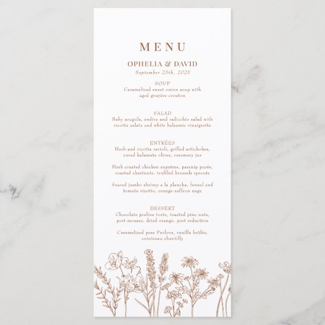 Menu de Recepção de casamento de flor selvagem do  (Frente)