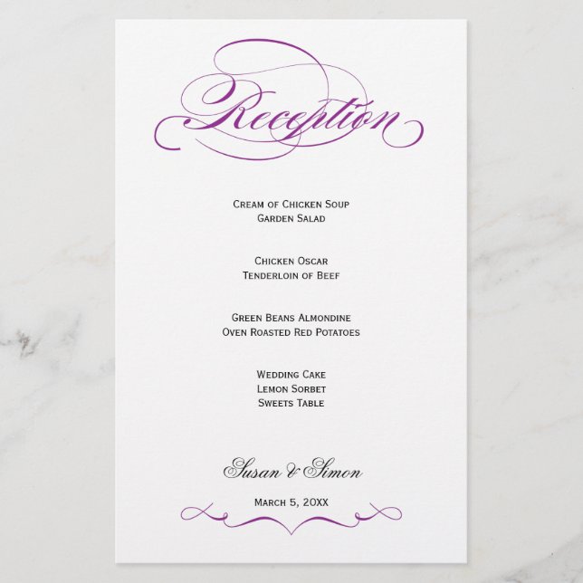 Menu de Recepção de casamento de Script Elegante - (Frente)