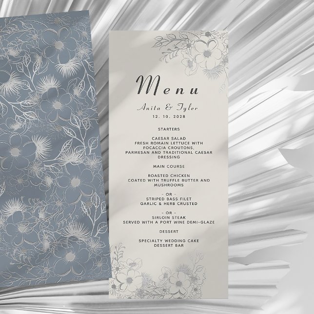 Menu de Recepção de casamento Floral Azul Dusty (Criador carregado)