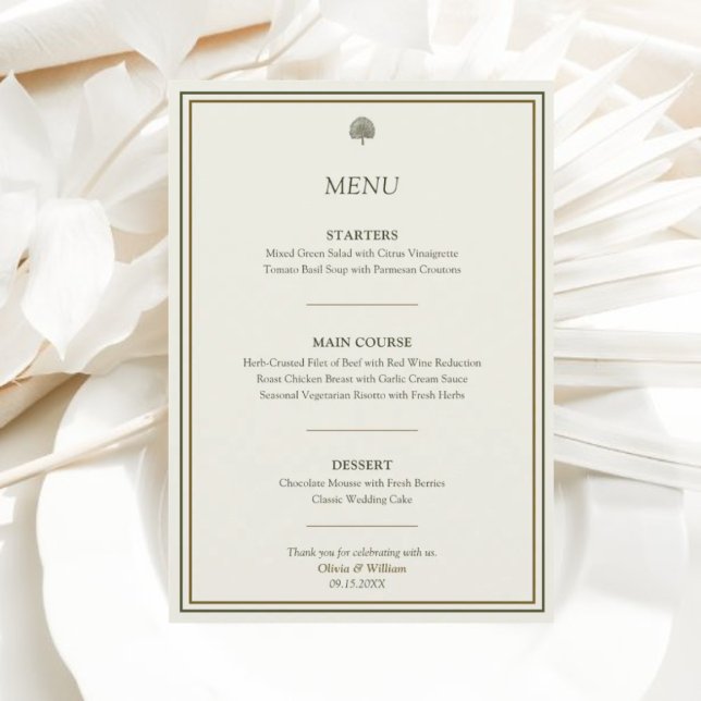 Menu de Recepção de casamento Ilegante e Dourada 5 (Elegant wedding menu card with classic gold border for modern and timeless reception design.)