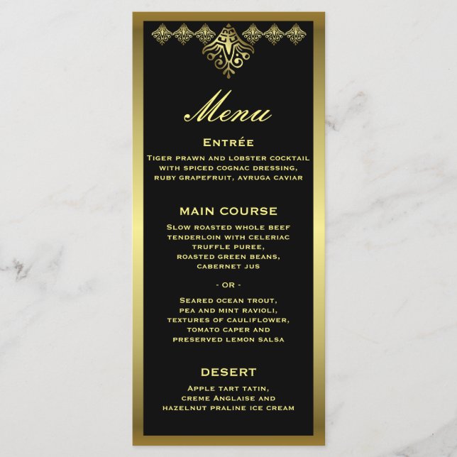 Menu de Recepção de casamento preto e Dourado Eleg (Frente)