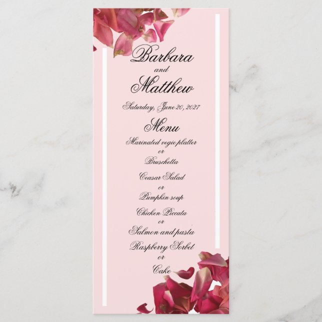 Menu de Recepção de casamento Romântico Petal Rosa (Frente)