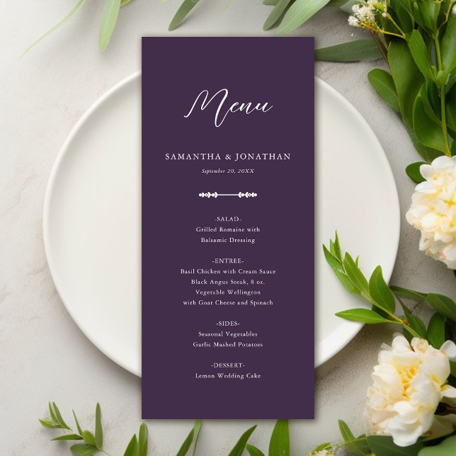 Menu de Recepção de casamento Roxo Elegante Simple (Criador carregado)