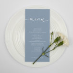 Menu de Recepção de Casamentos Elegantes Modernos<br><div class="desc">Menu moderno e elegante apresenta um design azul e branco empoeirado. Personalize com o menu do seu evento com o modelo fácil de editar,  com uma fonte de script elegante e uma fonte de serif elegante. Veja os itens correspondentes na coleção "Dusty Blue Modern Elegant".</div>
