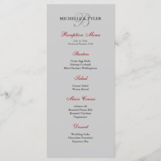 Menu de Recepção de Silver e Monograma Vermelho
