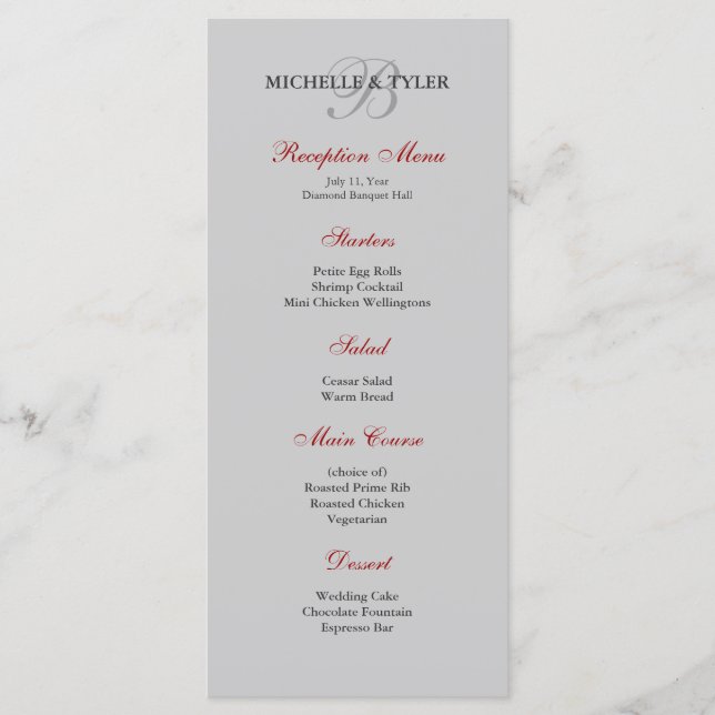 Menu de Recepção de Silver e Monograma Vermelho (Frente)
