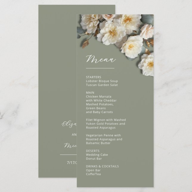 Menu de Rosas Brancas 3D em Verde Salvia (Frente/Verso)