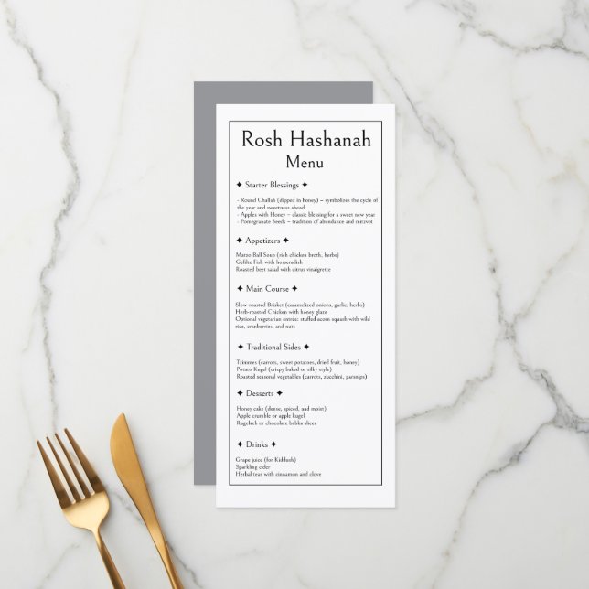 Menu de Rosh Hashanah, Kosher Tradicional Moderno (Frente/Verso In Situ)