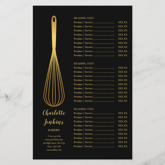 Menu de Serviço de Padaria e Patisserie Black Gold (Frente)