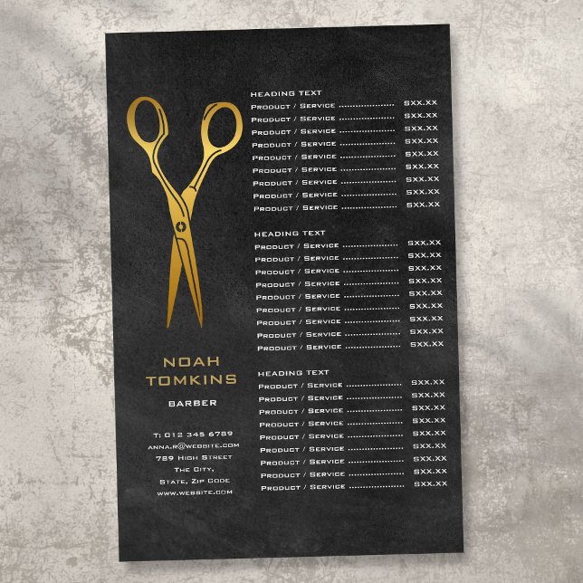 Menu de Serviço de Quadro de Barras de Tesoura Dou (Gold Scissors Barber Chalkboard Service Menu Flyer)