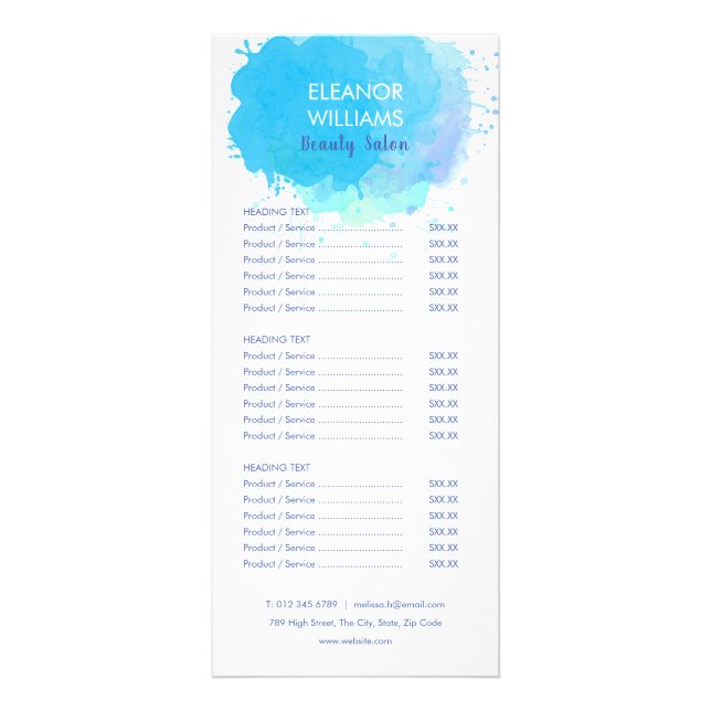 Menu de Serviço de Salão Abstrato Aquarela Azul (Frente)