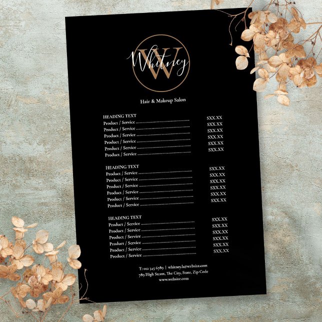 Menu de Serviço de Salão de Monograma de Letra Ele (Elegant Script Monogram Salon Service Menu Flyer)