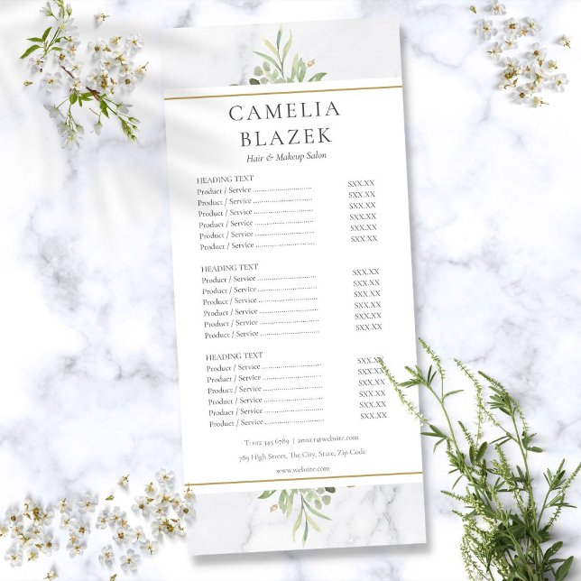 Menu de Serviço de Salão de Verde Água Marmore (Marble Watercolor Greenery Salon Service Menu)