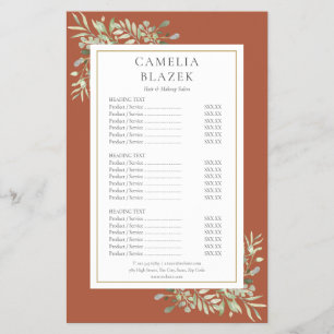 Menu de Serviço de Salão Terracota Aquarela Verde