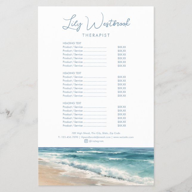 Menu de Serviço de Terapeuta da Praia do Oceano em (Frente)