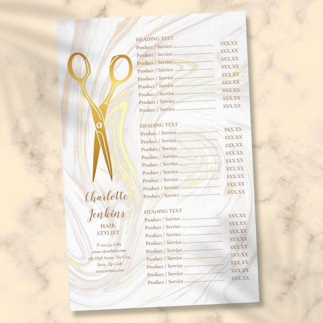 Menu de Serviço de Tesoura de Ouro para Cabeleirei (Gold Scissors Hair Stylist Marble Service Menu Flyer)