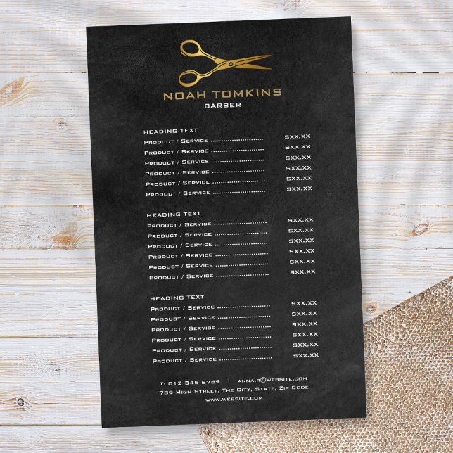 Menu de Serviços de Barbeiro Tesoura Dourada Quadr (Gold Scissors Barber Service Menu Chalkboard Flyer)