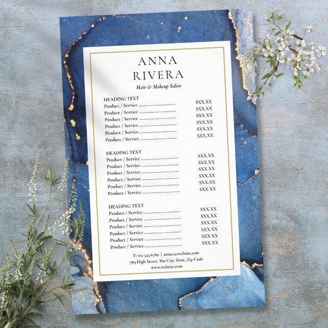 Menu de Serviços de Salão Agate Marble Navy Gold G (Agate Marble Navy Gold Glitter Salon Service Menu Flyer)