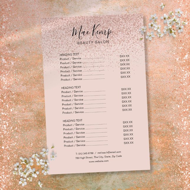 Menu de Serviços de Salão com Brilho em Rose Gold (Rose Gold Glitter Salon Service Menu Flyer)