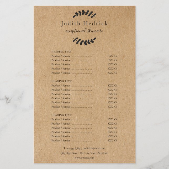 Menu de Serviços de Salão Kraft Rústico Folhas de  (Frente)