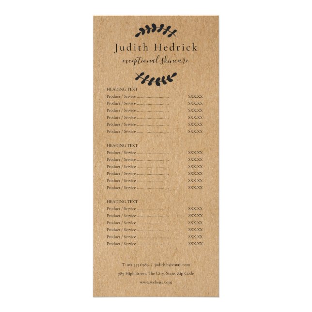 Menu de Serviços de Salão Kraft Rústico Folhas de  (Frente)