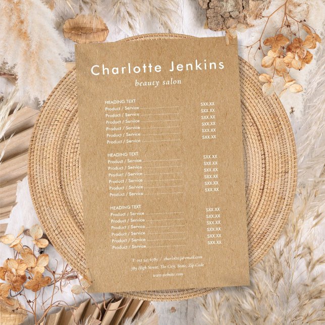Menu de Serviços de Salão Kraft Rústico Minimalist (Modern Minimalist Rustic Kraft Salon Service Menu Flyer)
