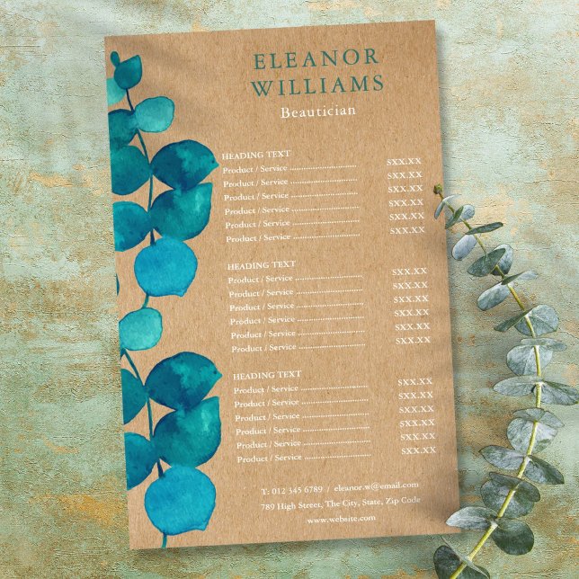Menu de Serviços de Salão Rústico de Eucalipto (Eucalyptus Rustic Salon Service Menu Flyer)